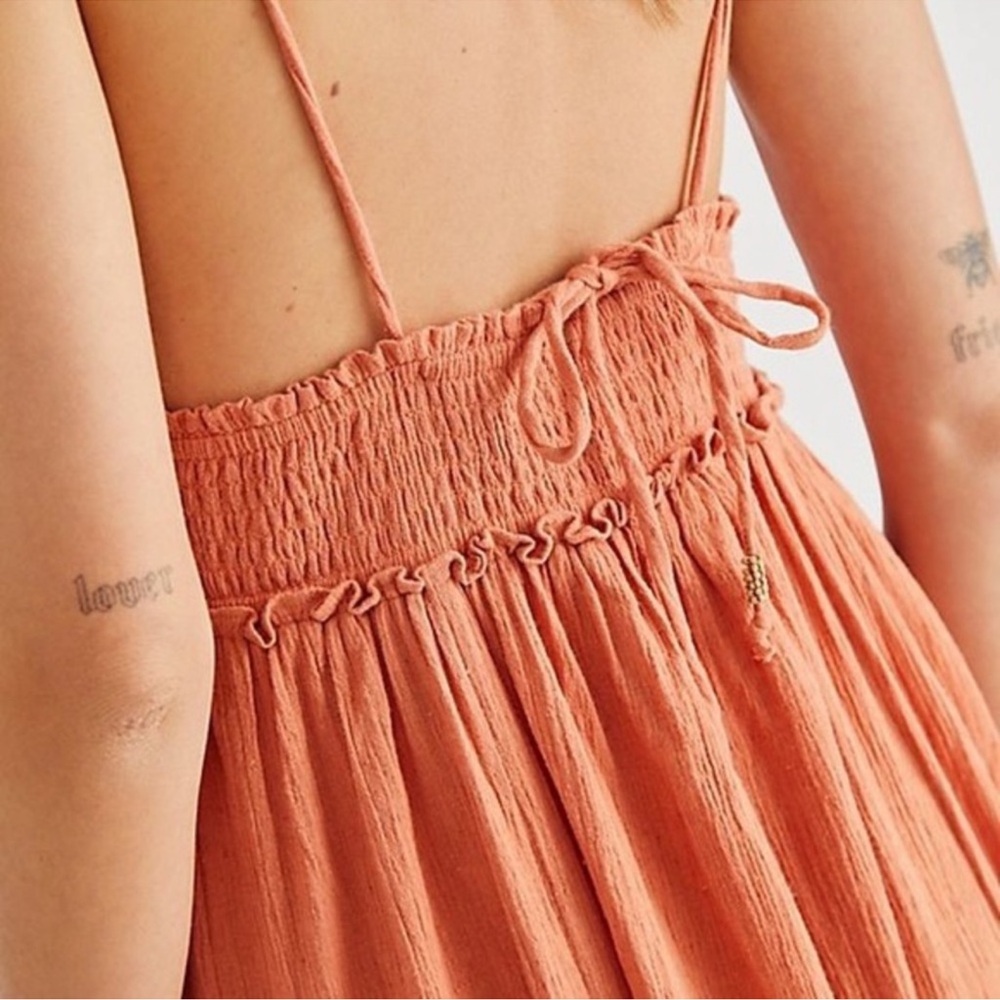 Free People Heat Haze Maxi Dress Triangle Top Smocked Long Cotton Linen Blue L - Picture 13 of 17